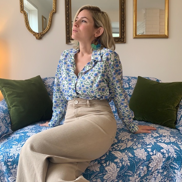 🇬🇧 60s 70s Vintage Flower Power 🌼Blouse Floral Button up Shirt Blue Green M/L - Picture 4 of 10